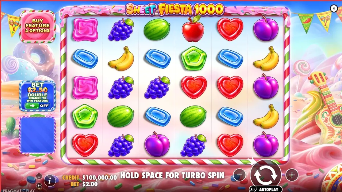 Makulay na interface ng Sweet Fiesta 1000 slot na may candy theme at Mexican carnival elements.