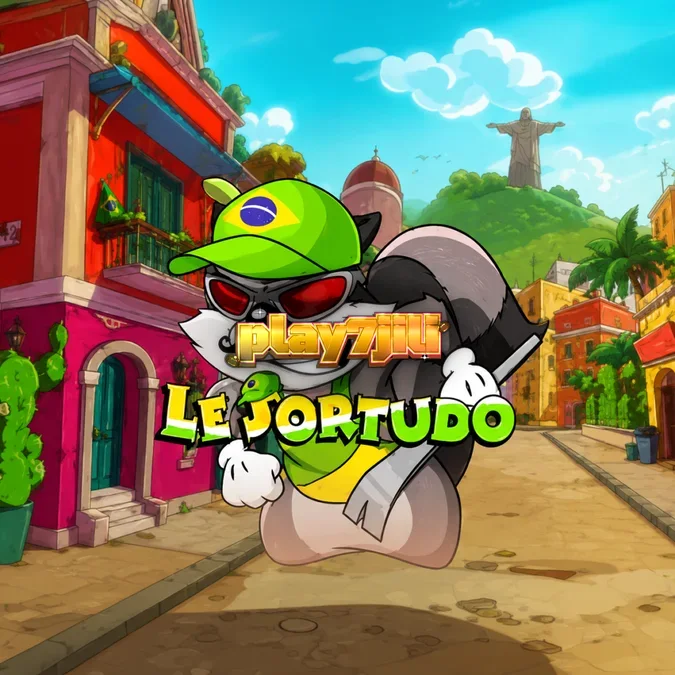 Isang masayang raccoon sa isang makulay na background ng Brazil sa larong Le Sortudo.